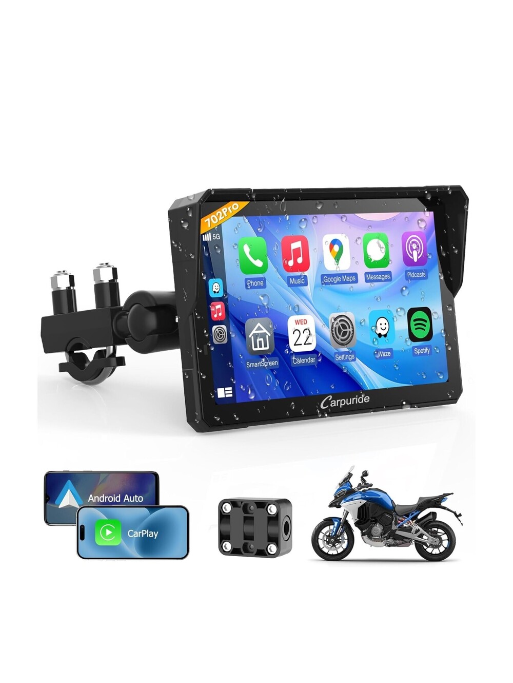 Carpuride 702PRO Motorcycle CarPlay& Android Auto& Dual Bluetooth 7" Waterproof